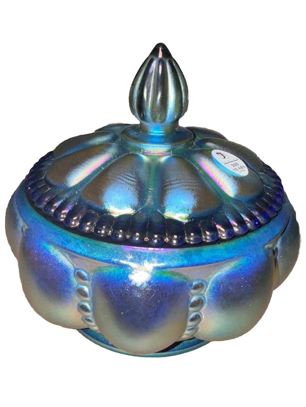 Fenton Art Glass Blue Iridescent Covered Candy Dish